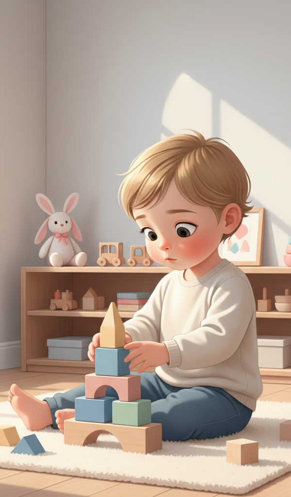 A 2.5-year-old child happily playing alone with wooden blocks on a colorful rug in a bright, organized playroom.