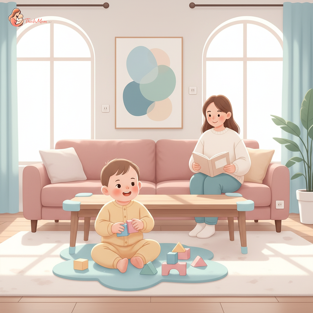 A toddler happily playing alone with building blocks on a colorful rug in a child-proofed room, while a parent observes calmly from a distance, possibly reading or working on a laptop, emphasizing safe and gentle independent play.