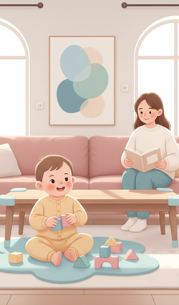 A toddler happily playing alone with building blocks on a colorful rug in a child-proofed room, while a parent observes calmly from a distance, possibly reading or working on a laptop, emphasizing safe and gentle independent play.