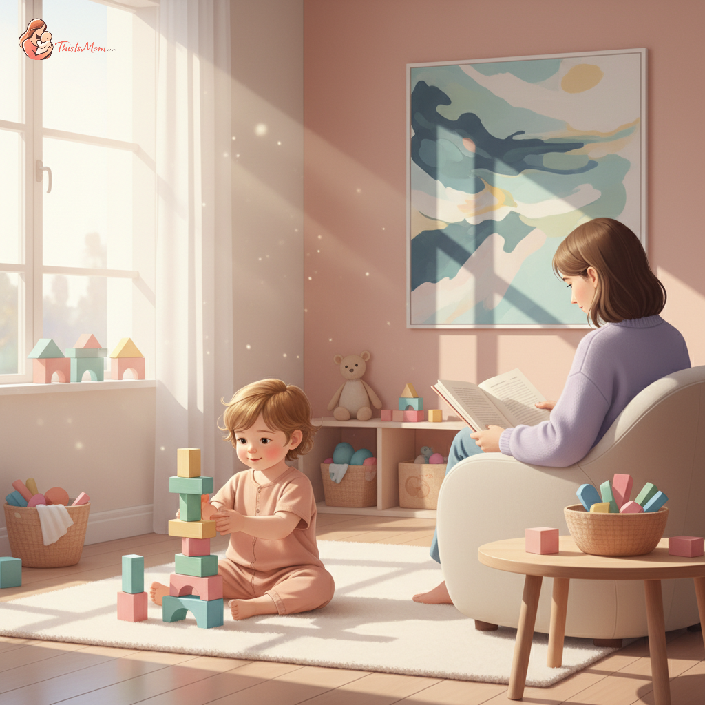 A toddler happily playing with colorful building blocks on a soft rug in a bright, child-proofed living room, while a parent sits nearby reading a book, subtly present but not directly engaging with the child's play.