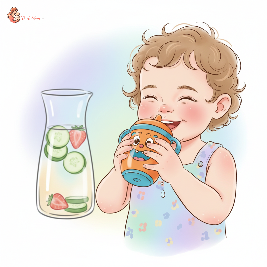 Toddler happily drinking water from a colorful sippy cup, with a pitcher of fruit-infused water in the background.
