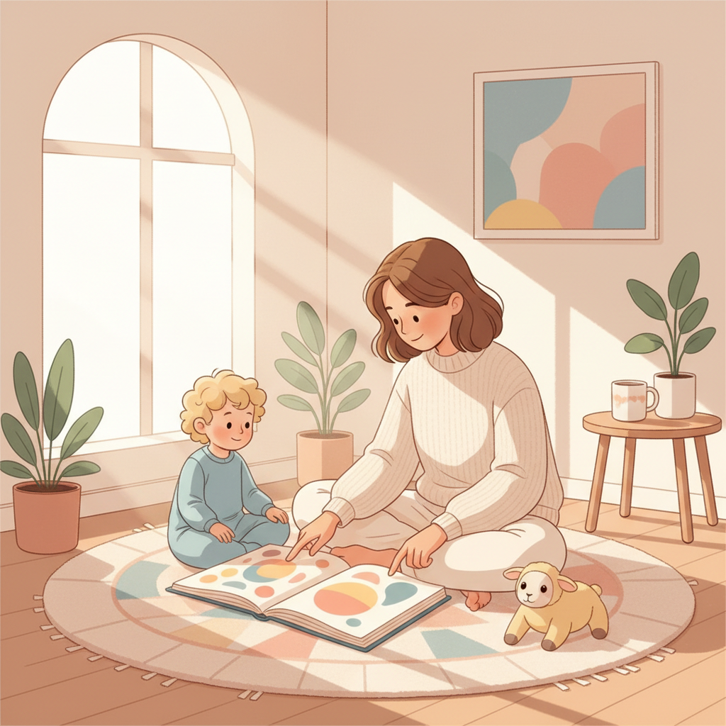 A parent and a quiet 2-year-old toddler looking at a picture book together. The parent is pointing to an object in the book while the child is engaged.