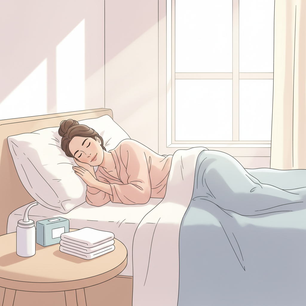 A woman resting comfortably on a bed with a postpartum pad, a peri bottle and a sitz bath tray nearby.