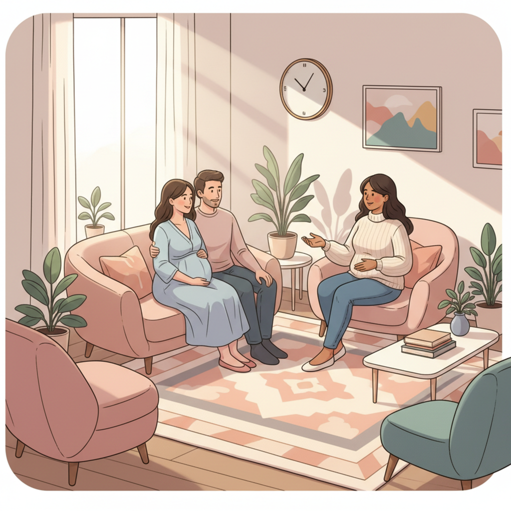 A pregnant person and their partner smiling and talking with a doula in a calm, natural light setting.