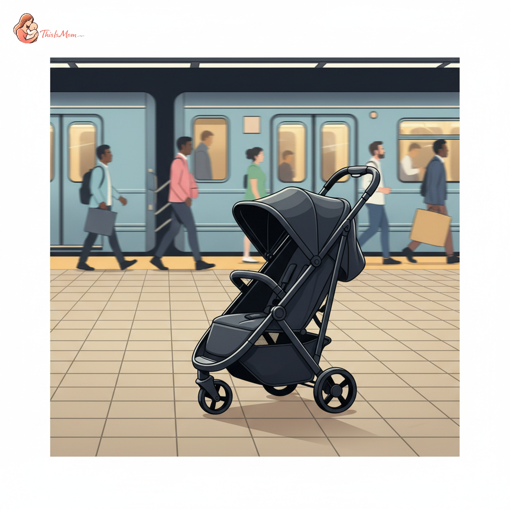 A compact, lightweight stroller folded on a bustling New York City subway platform next to a parent holding a baby.