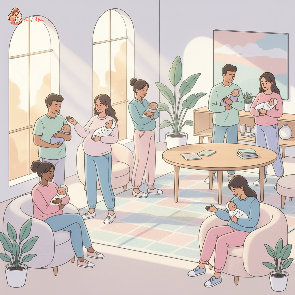 Diverse group of pregnant women and new parents, some holding babies, smiling and chatting in a supportive community setting, with light, warm tones.