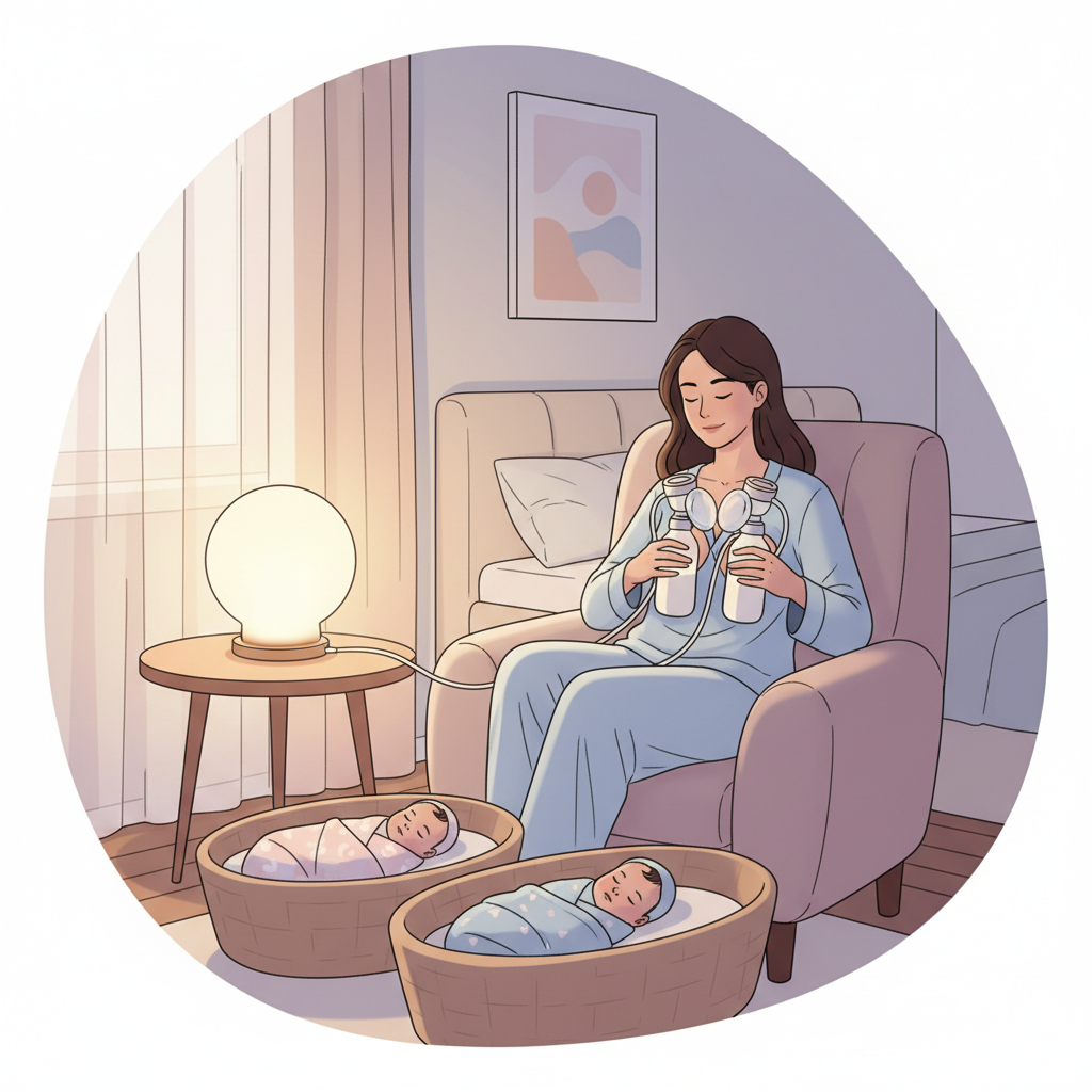 Woman sitting in a comfortable chair, connected to a double electric breast pump, with two sleeping newborn babies nearby.