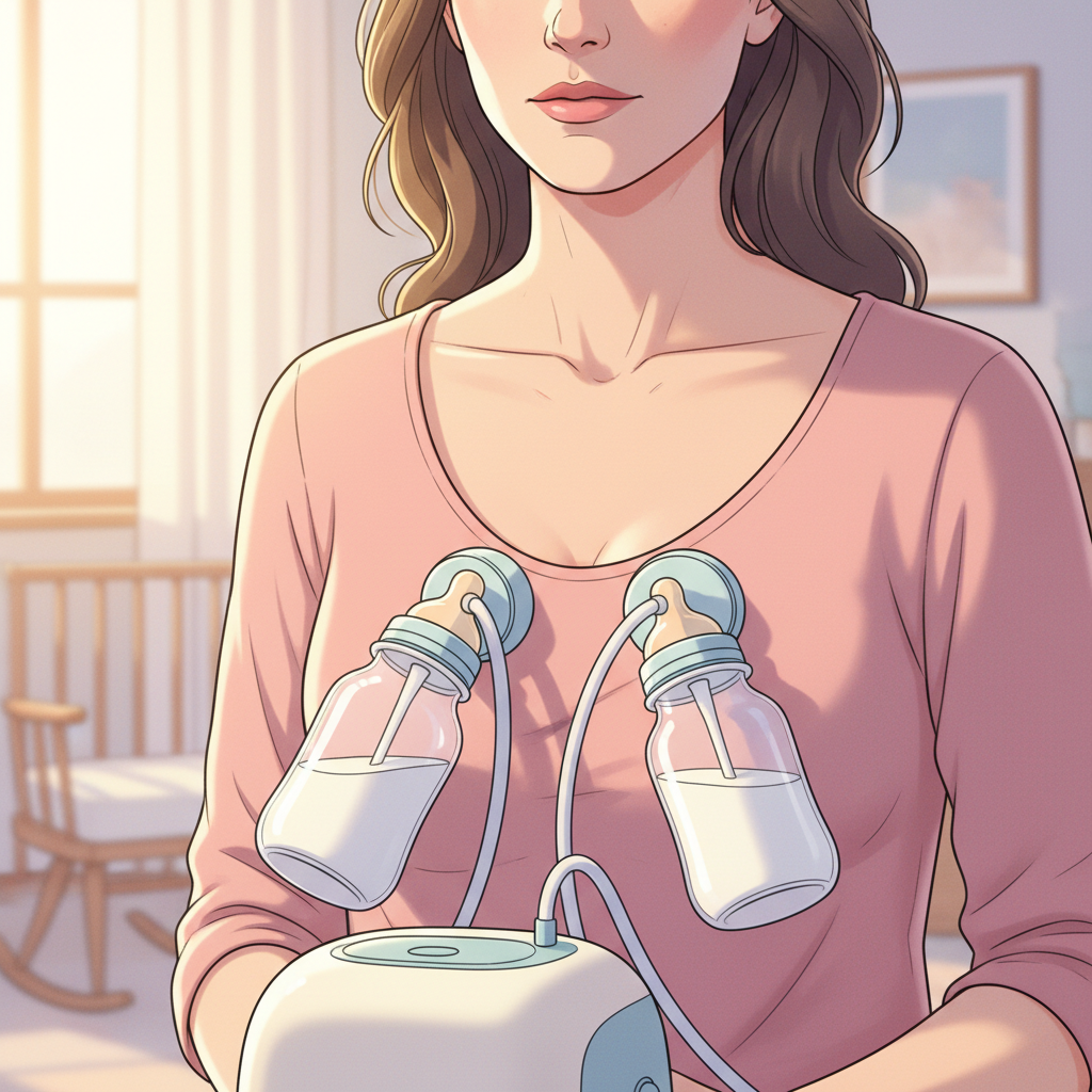 A tired but determined mother using a double electric breast pump, with a baby bottle filled with milk nearby. The scene conveys a sense of quiet morning effort, possibly with soft, early light entering through a window.