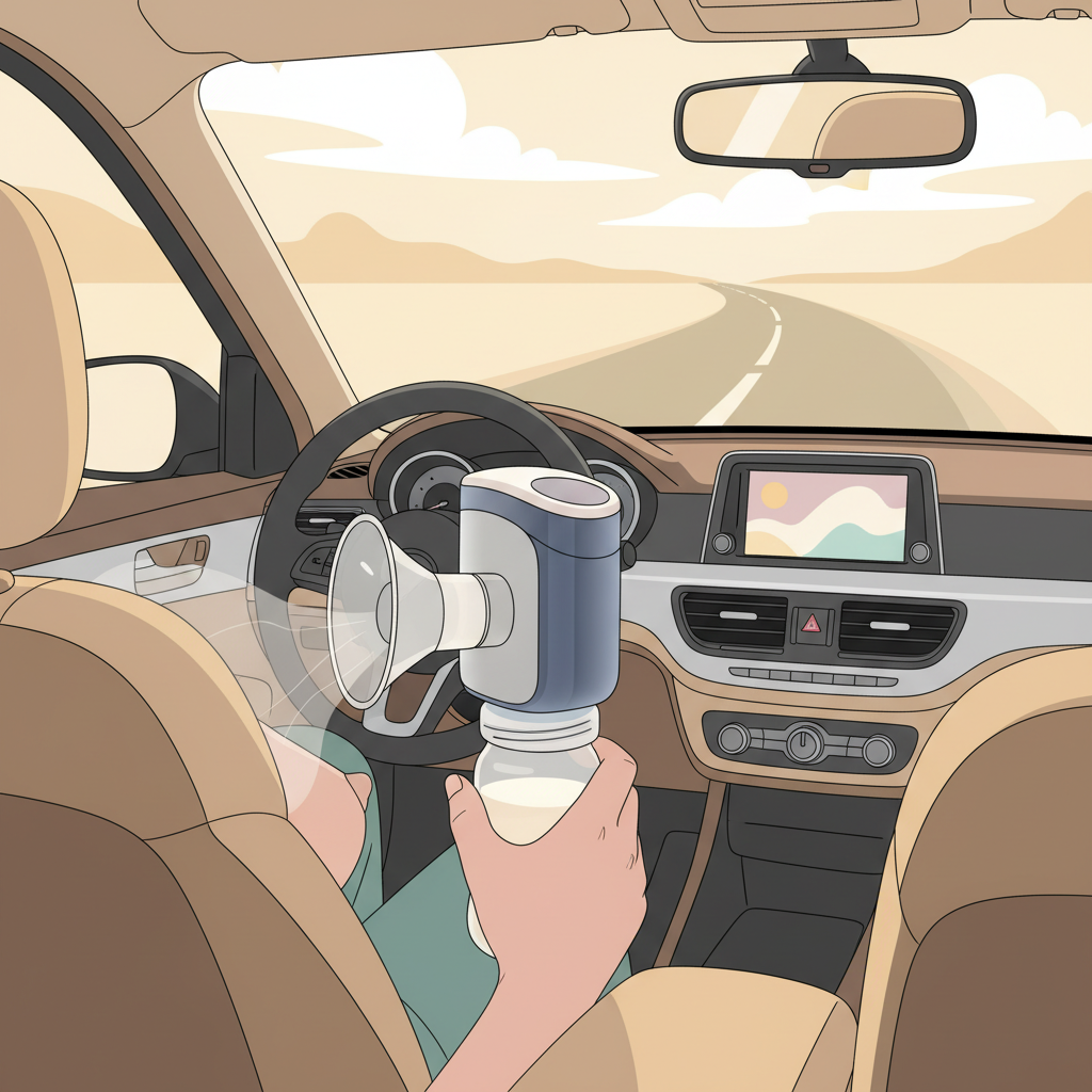 A working mom discreetly using a portable breast pump in a car during her commute, with a cooler bag on the seat beside her.