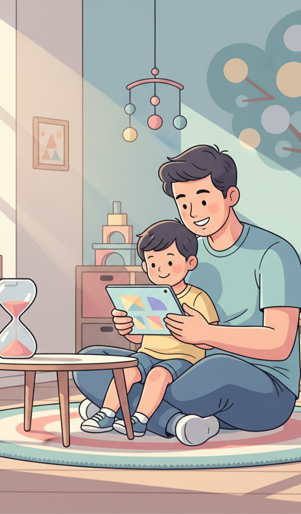 A parent and their 3-year-old child looking at an educational app on a tablet together, with a visible sand timer nearby, in a bright, child-friendly living room.