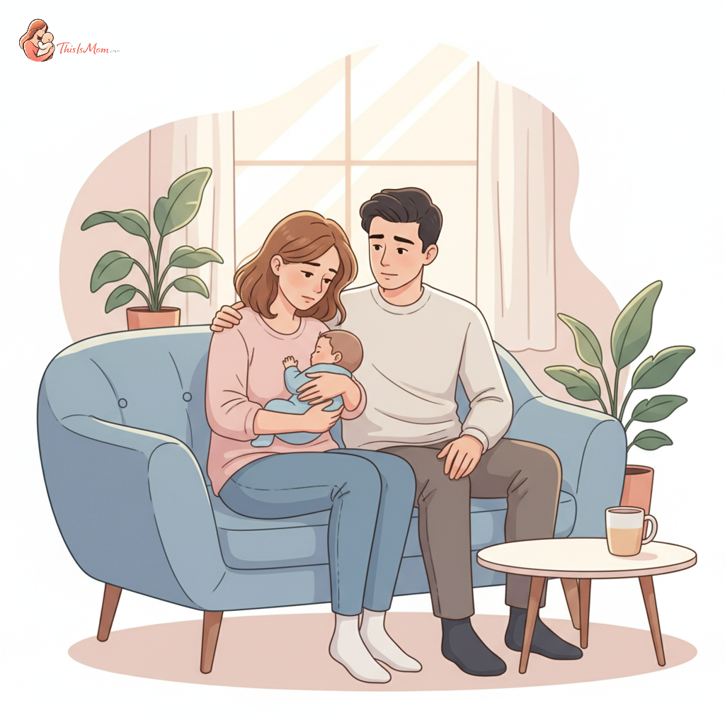 A tired new mother sitting on a couch, gently holding her baby, while her husband sits beside her, listening attentively with a caring expression, soft lighting indicating evening time.