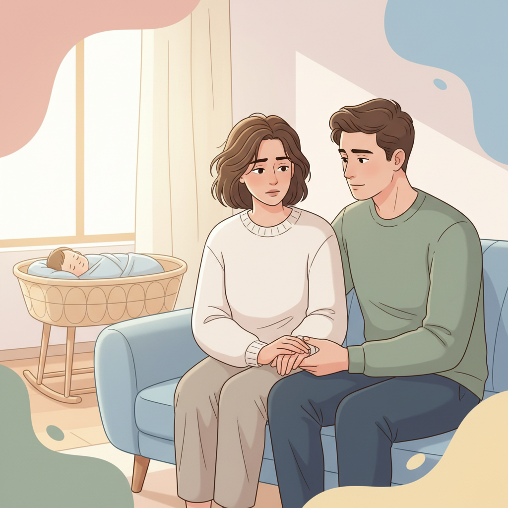 A new mom with a worried expression, sitting on a sofa while her understanding spouse gently holds her hand, with a sleeping baby in a bassinet nearby, conveying support and open communication.
