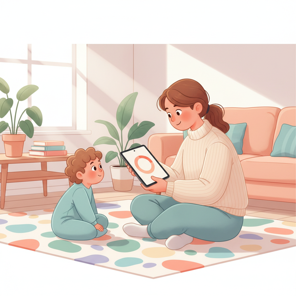 A calm parent kneeling down, making eye contact with a smiling 3-year-old child, while holding a small tablet with a timer visible on the screen, in a bright living room.