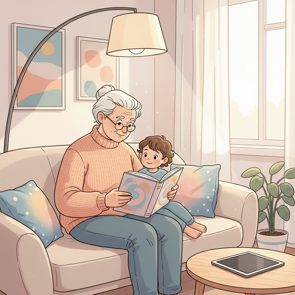 Grandparents engaging with a child in an activity like reading a book or playing a board game, with a tablet visible but unused in the background, set in a warm, inviting living room.