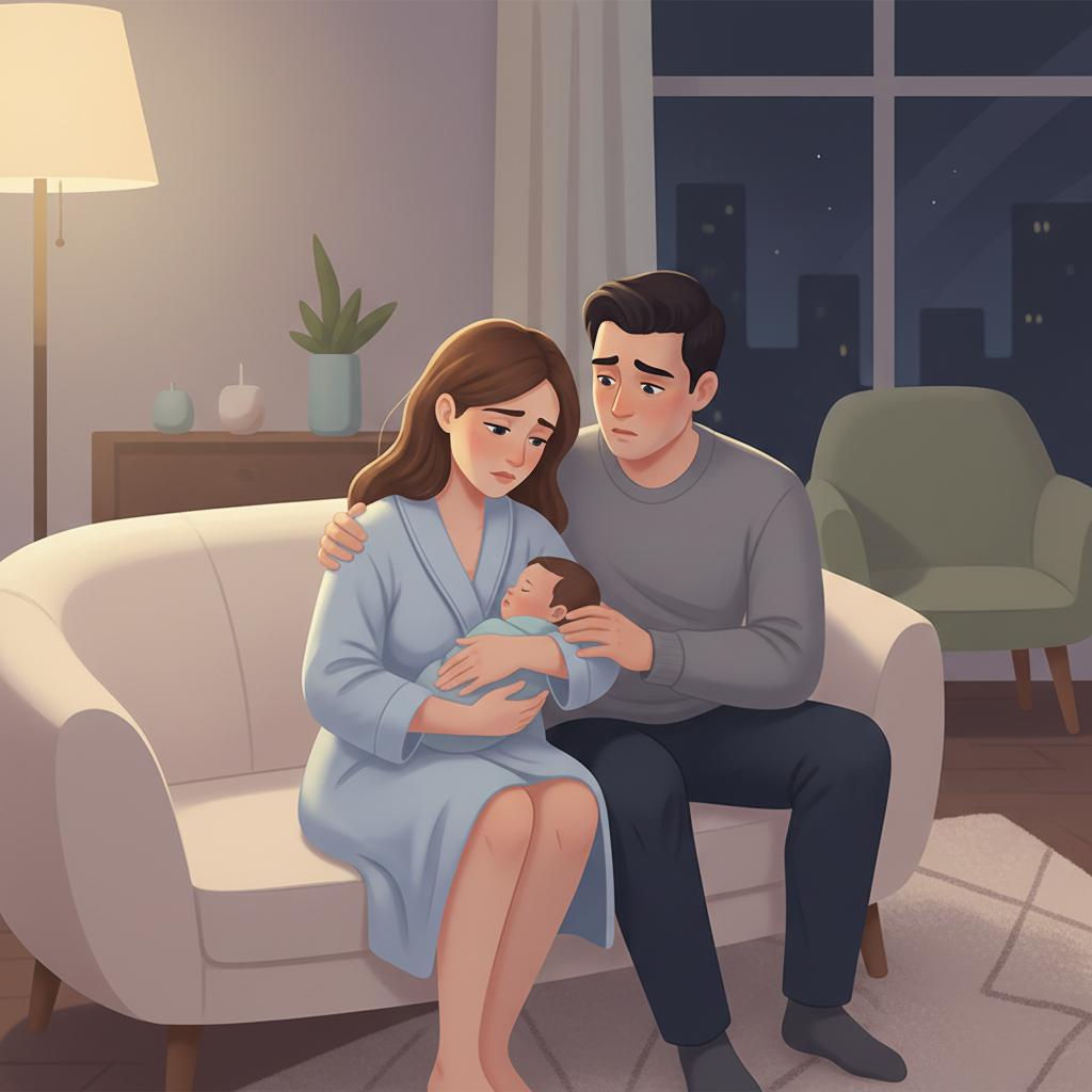 A tired new mother sitting on a couch, holding her baby while looking thoughtfully at her male partner who is listening intently, showing concern. The room is dimly lit, suggesting a late-night conversation.