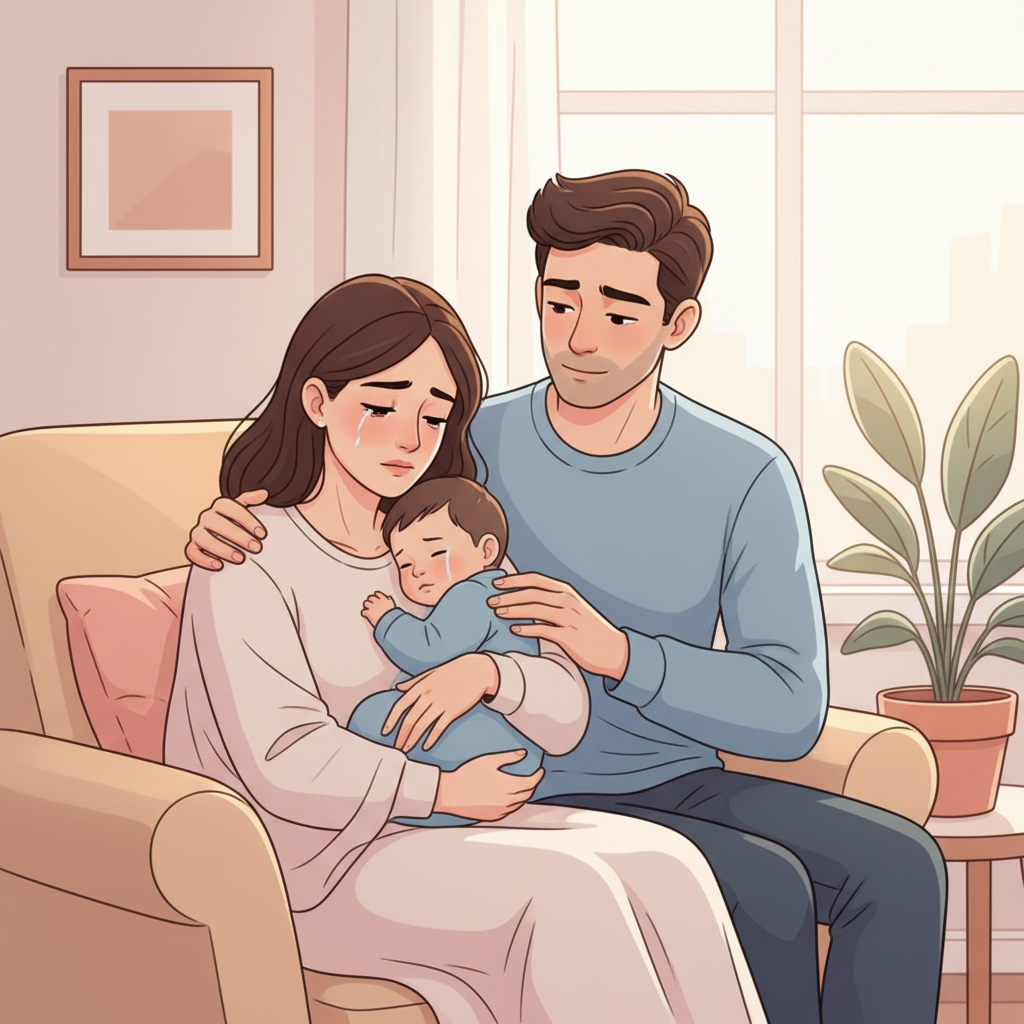 A tired new mother with her baby, reaching out to her male partner who is looking at her with concern and understanding. The scene is soft, indicating support and empathy.