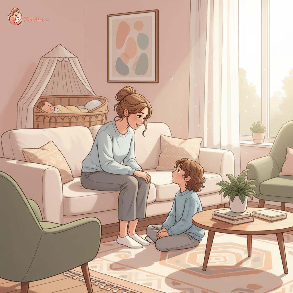 A mother gently explaining something to her older child, with another child nearby, in a warm and comforting home environment.