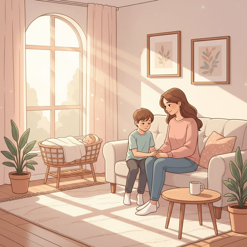 A mother gently holding a child's hand while sitting with an older child, showing connection and understanding during a family conversation, with a baby in the background.