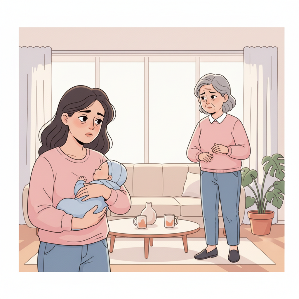 A visibly overwhelmed new mother, with a baby in her arms, looking intensely at a concerned family member, in a modern home setting