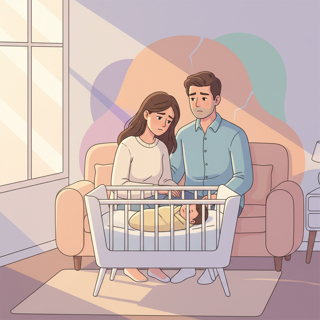 A woman looking stressed and overwhelmed while her husband looks confused and slightly dismissive, with a baby in the background, conveying the challenge of explaining postpartum rage.