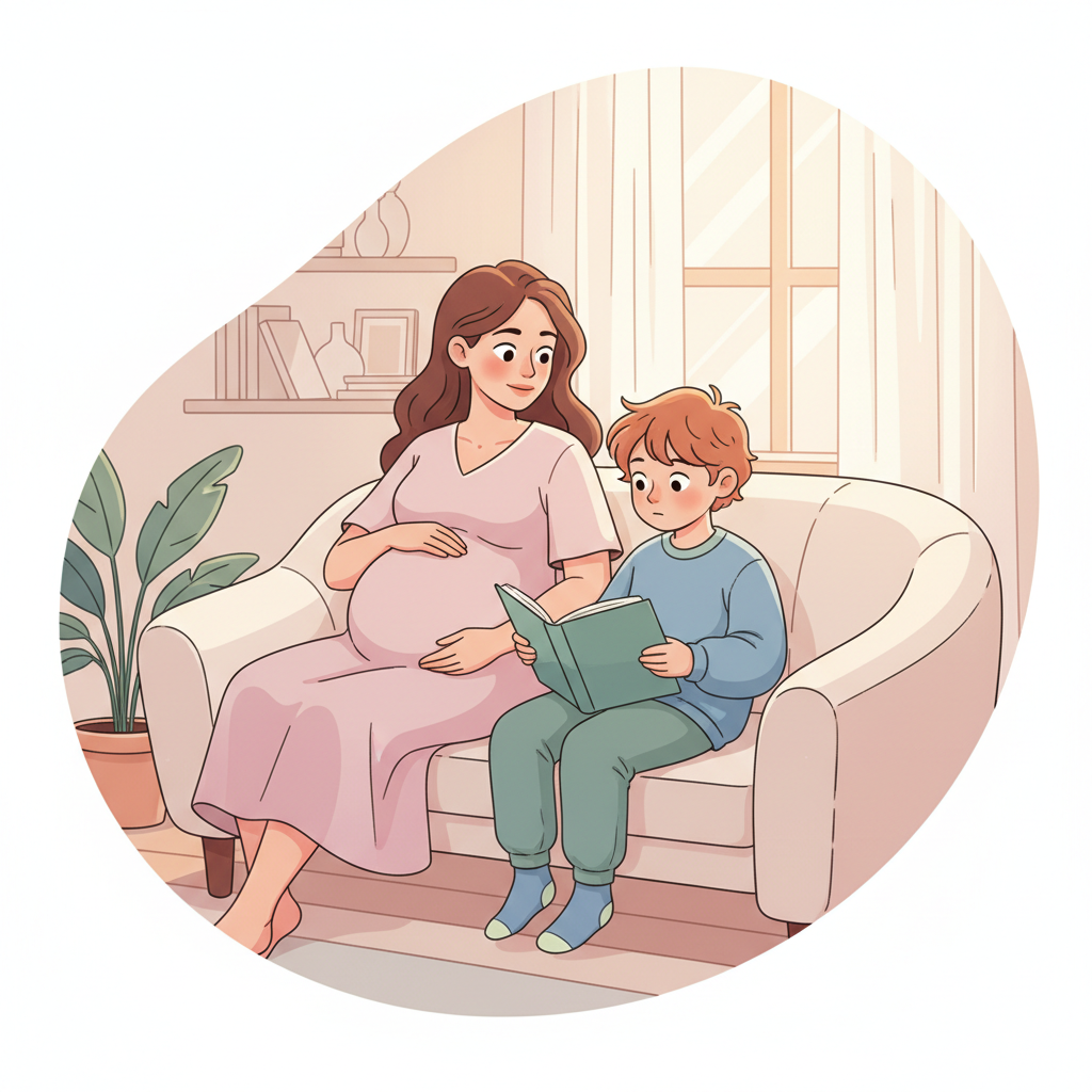 A mother gently touching her visibly pregnant belly while her developmentally delayed older child, with a curious and slightly unsure expression, watches a picture book with simple illustrations of a family welcoming a new baby.