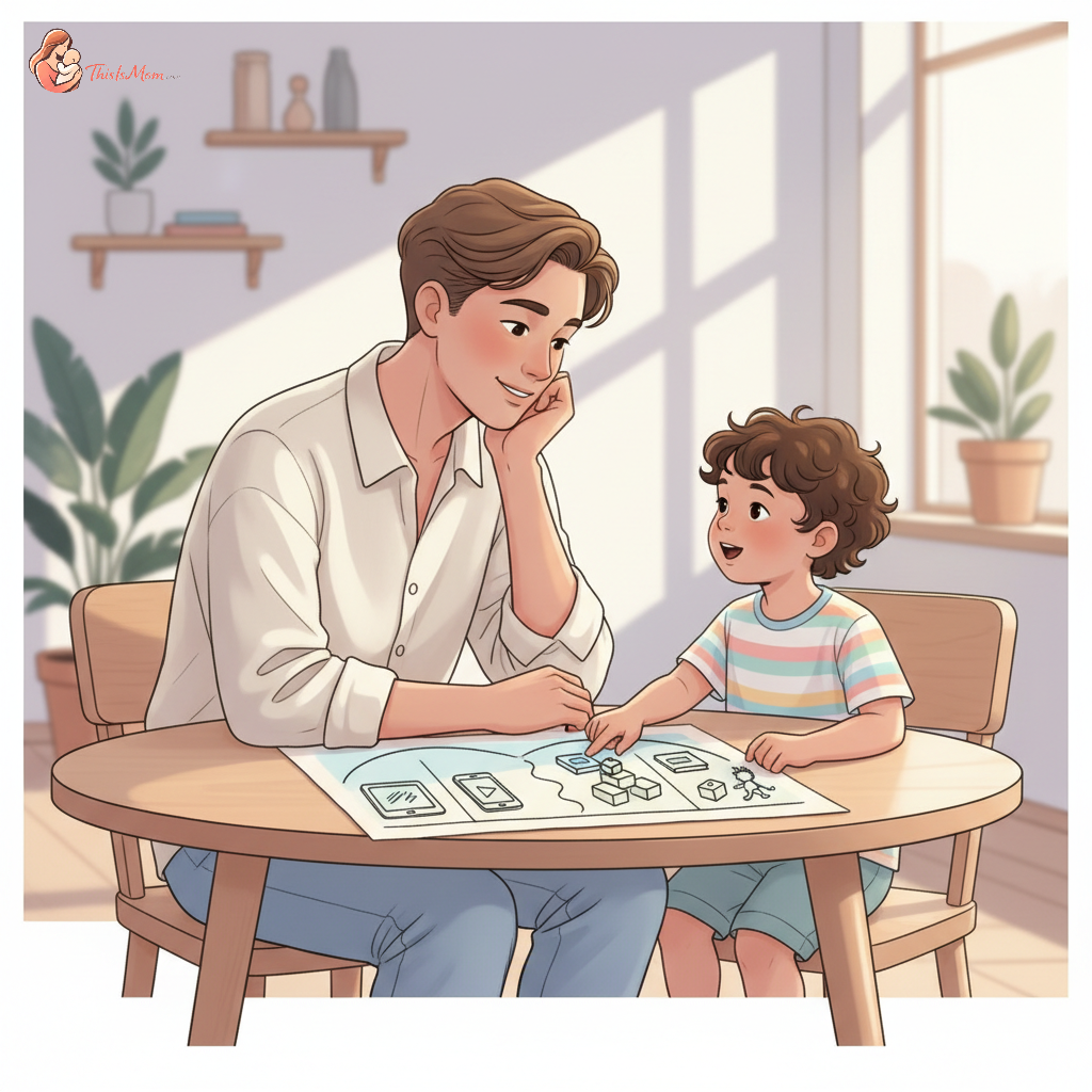 A parent and a young, highly verbal preschooler sitting together, looking at a visual schedule or chart with screen time activities and unplugged play, demonstrating engagement and collaborative planning.