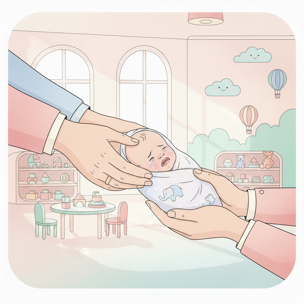 A parent gently handing a crying baby to a smiling daycare teacher