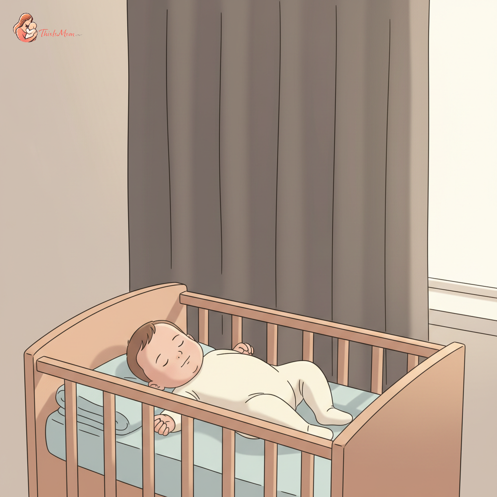 A baby peacefully sleeping in a crib with a fitted sheet, in a dark room with a soft glow, demonstrating a successful nap.