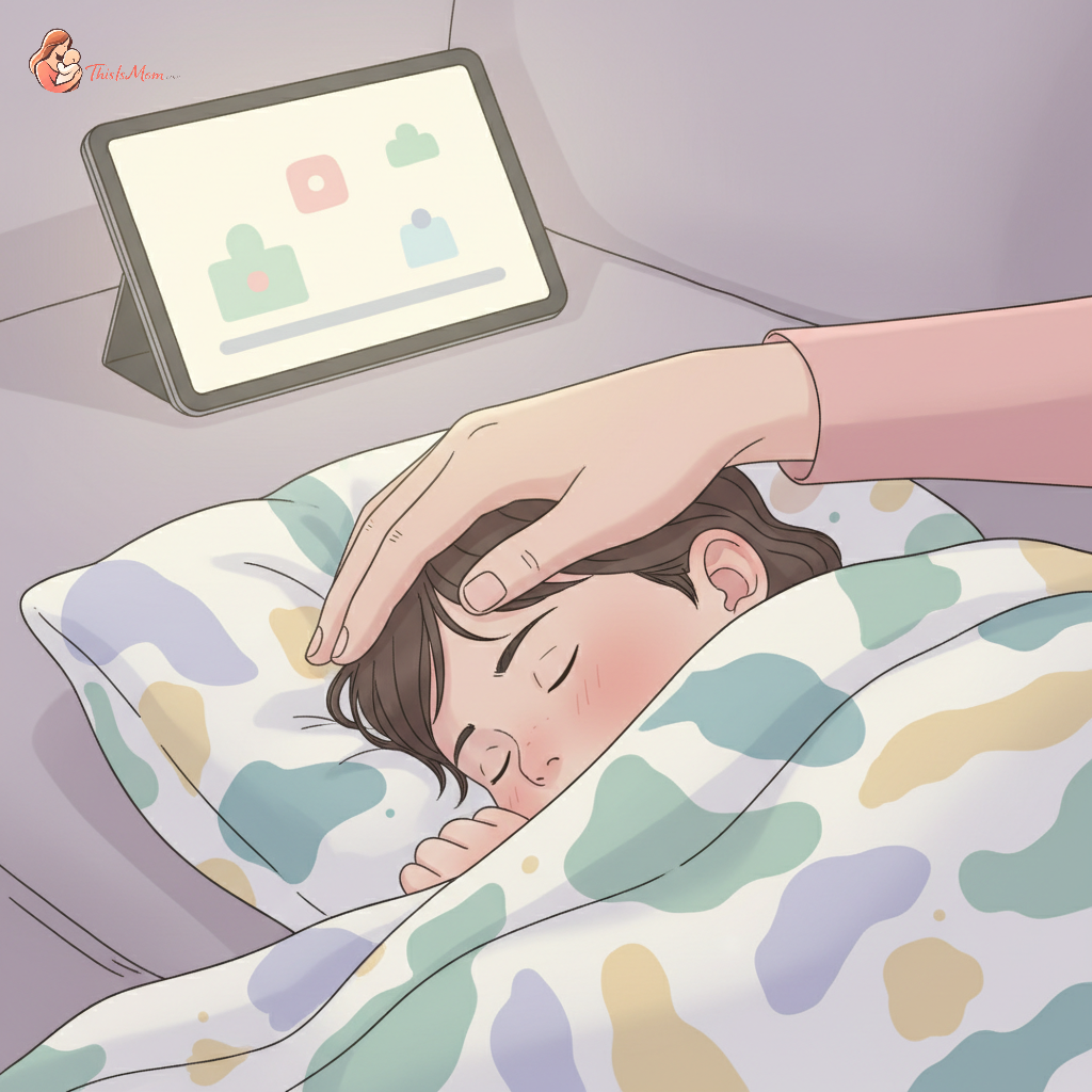 A parent looking thoughtfully at a calendar while a child in the background rests with a blanket, symbolizing the challenge of balancing work and a mildly sick child.