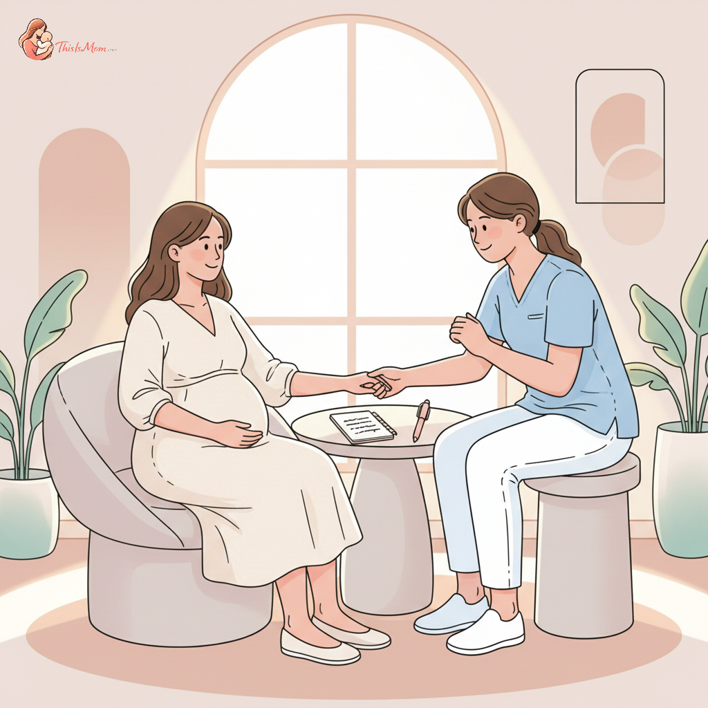 A pregnant woman and her partner confidently consulting with a friendly female OB-GYN in a bright, modern doctor's office, with a checklist on the examination table.