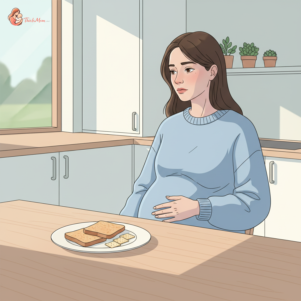 Pregnant woman looking thoughtfully at a plate of food, showing a slight aversion, in a softly lit kitchen.