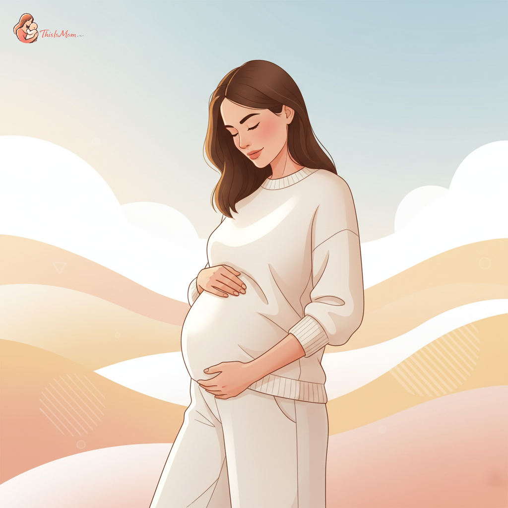 Close-up of a pregnant woman gently touching her lower abdomen, with soft, diffuse lighting, conveying a sense of care and concern. Her hand is resting on her belly.