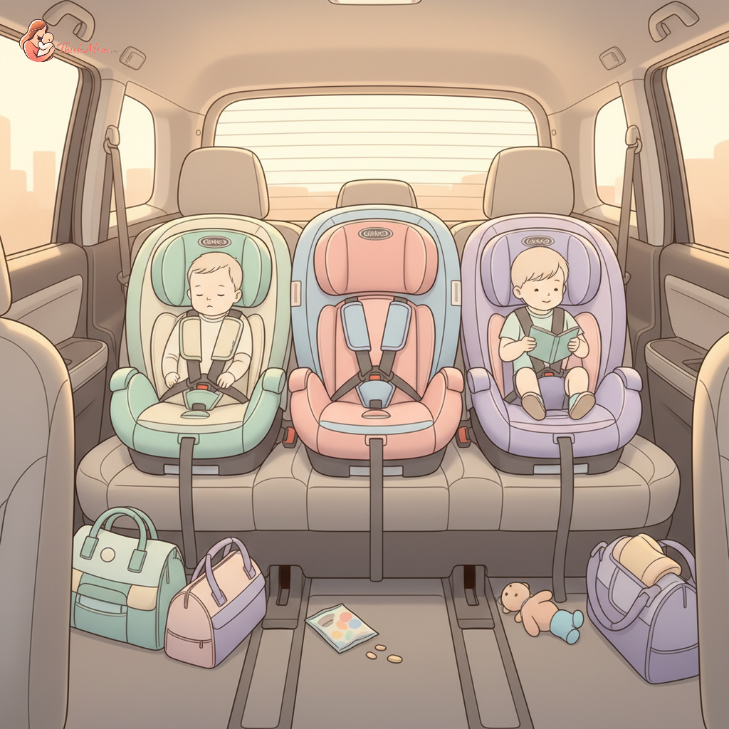 Three Graco car seats neatly installed across the second row of a Honda Odyssey minivan, showcasing a successful tight fit.