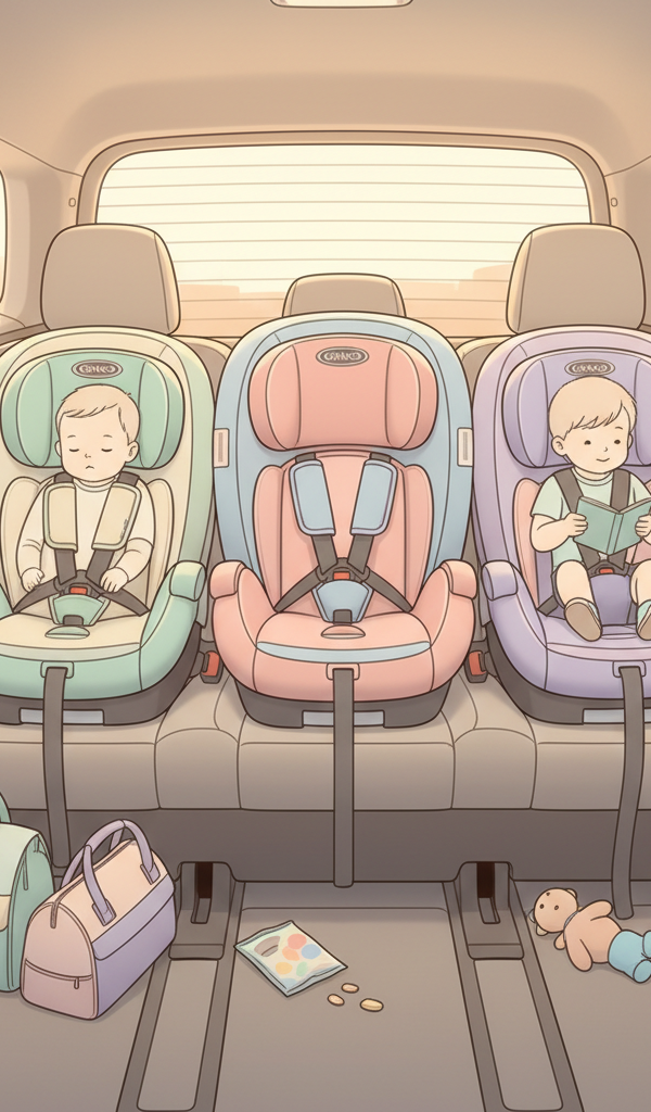 Three Graco car seats neatly installed across the second row of a Honda Odyssey minivan, showcasing a successful tight fit.