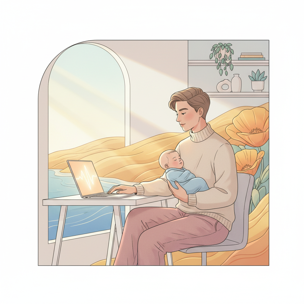 A diverse parent holding a baby, looking at a calendar or a laptop with a focused yet peaceful expression, representing the balance of family and work. The California state outline subtly appears in the background.
