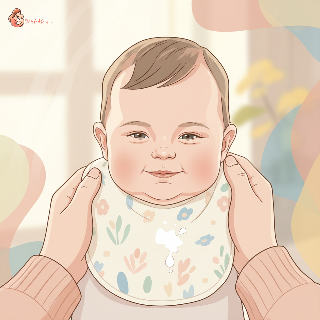 A baby in a parent's arms, wearing a bib, gently spitting up milk after a feeding, with a concerned but caring parent visible.