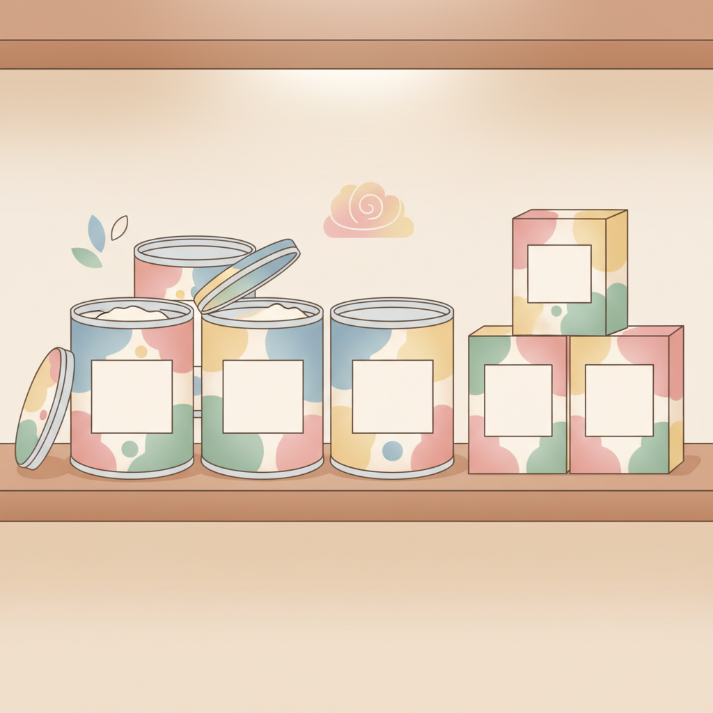 A parent calmly organizing shelves of baby formula cans with clear labels and expiration dates visible.