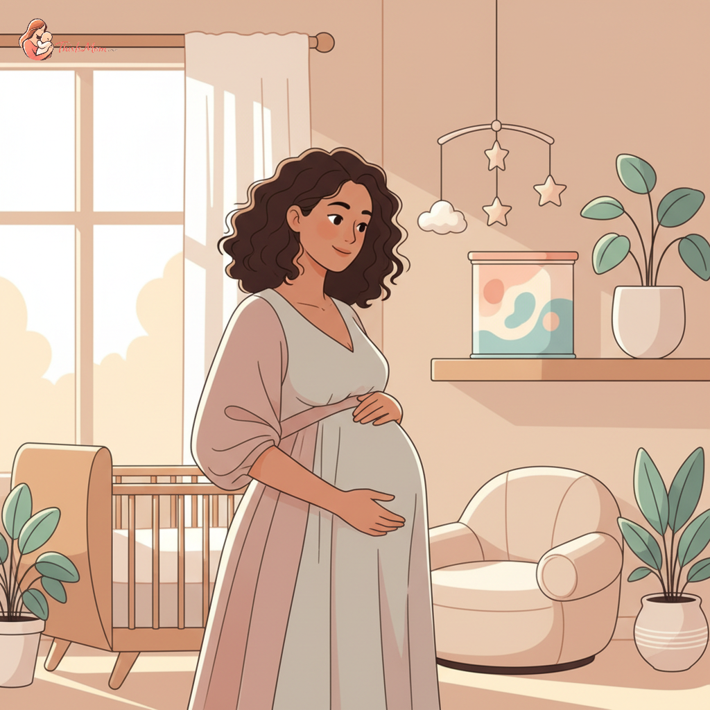A pregnant woman looking thoughtfully at a baby formula can, with a faint, peaceful smile, in a softly lit nursery.