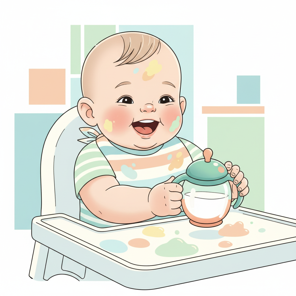 A baby holding a sippy cup with whole milk, sitting in a high chair with food on the tray.