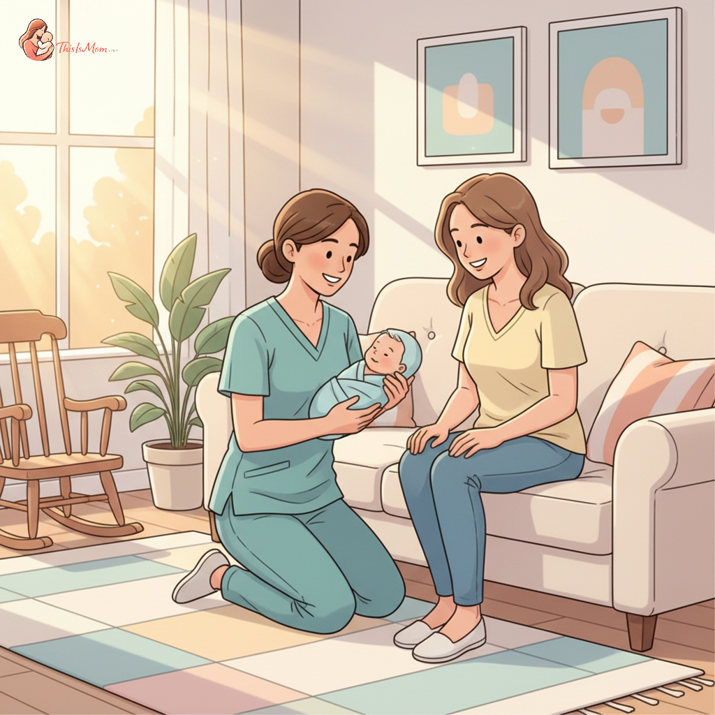 A nurse gently examining a newborn baby held by a new mother in her living room, conveying comfort and professional support during a free home visit.