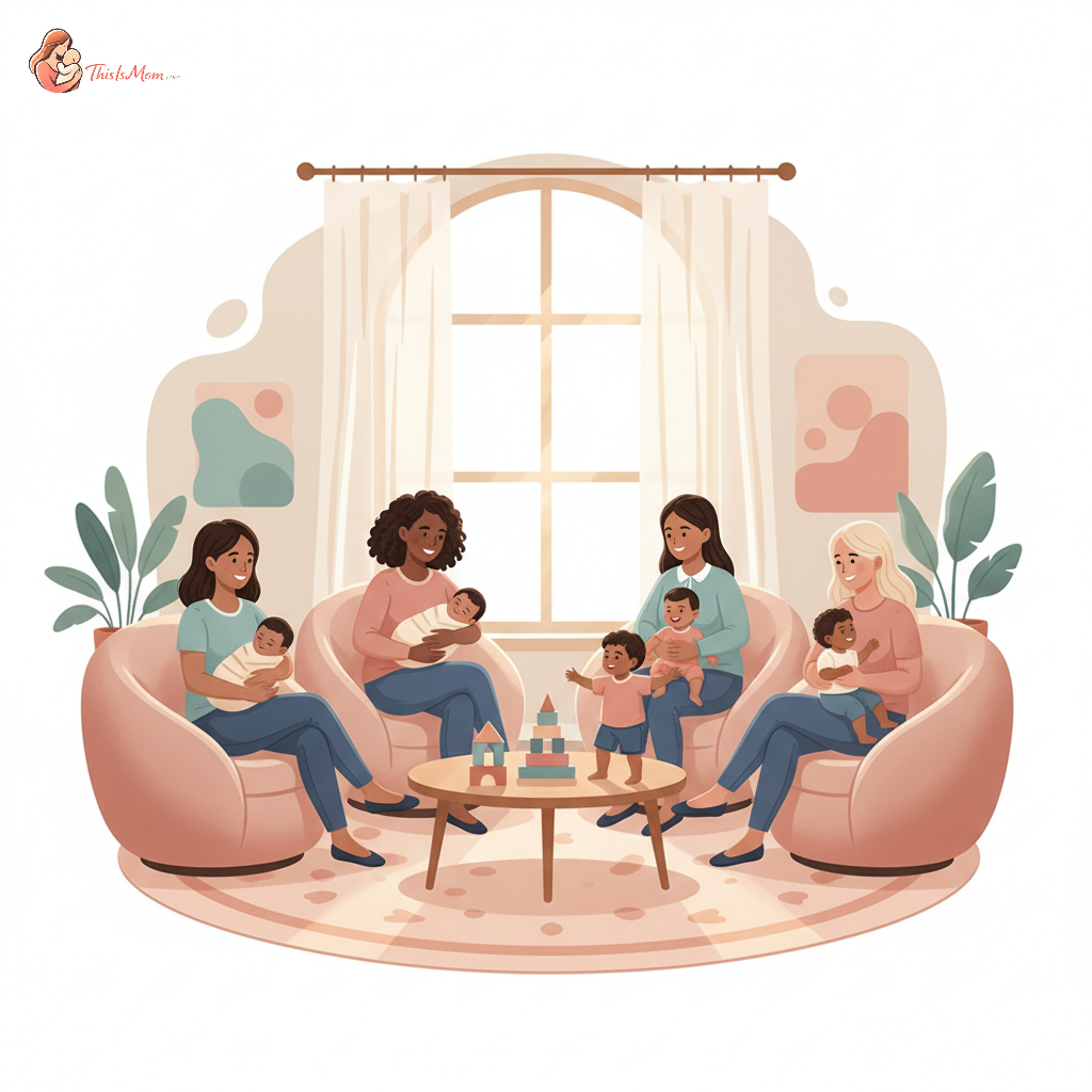 A diverse group of mothers with their infants attending a support group, some smiling and conversing, in a bright, modern community center setting.