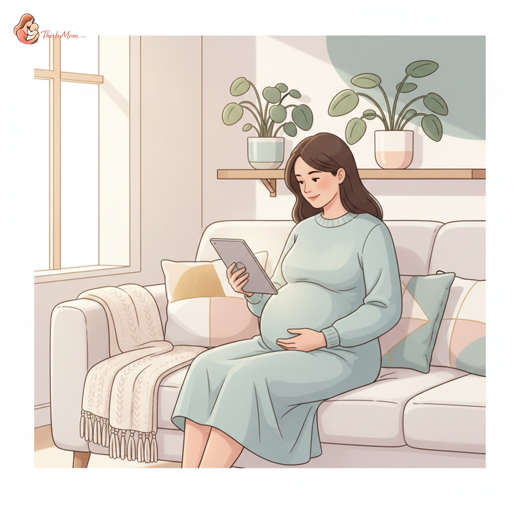 A pregnant woman smiling while looking at a tablet, surrounded by soft light, suggesting she is learning from online prenatal classes.
