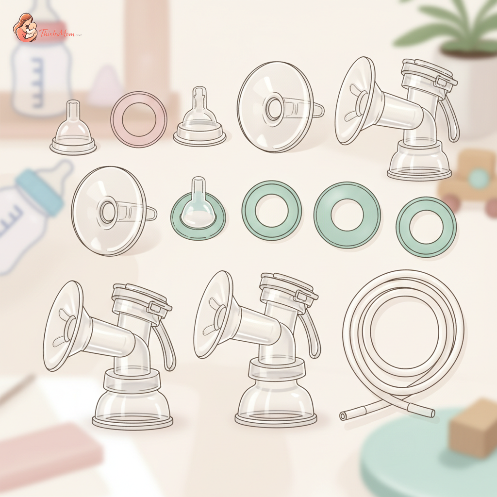 Close-up of various clean breast pump parts, including flanges, valves, and tubing, neatly arranged on a clean, light-colored surface.