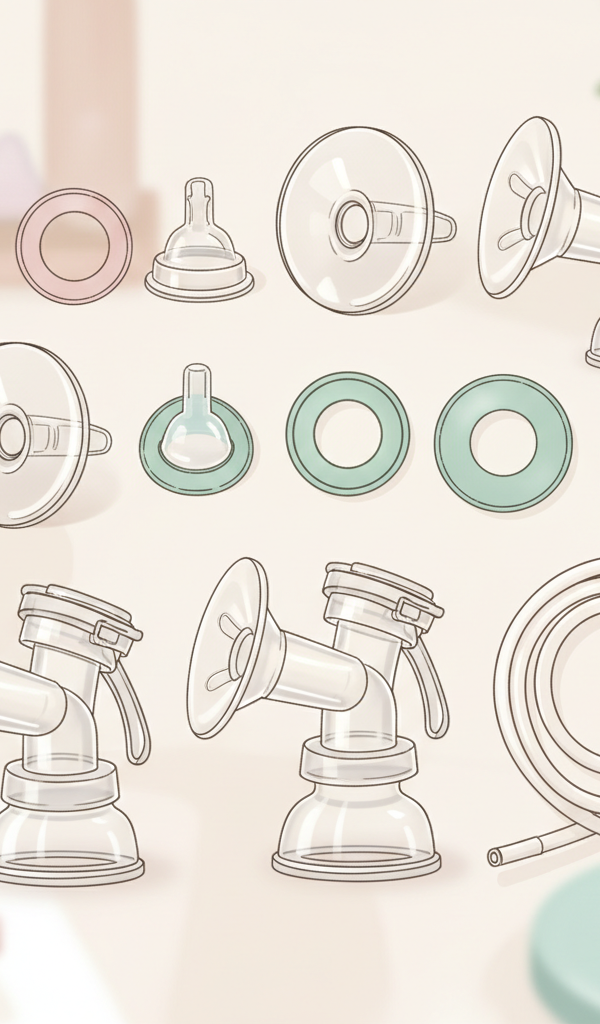 Close-up of various clean breast pump parts, including flanges, valves, and tubing, neatly arranged on a clean, light-colored surface.