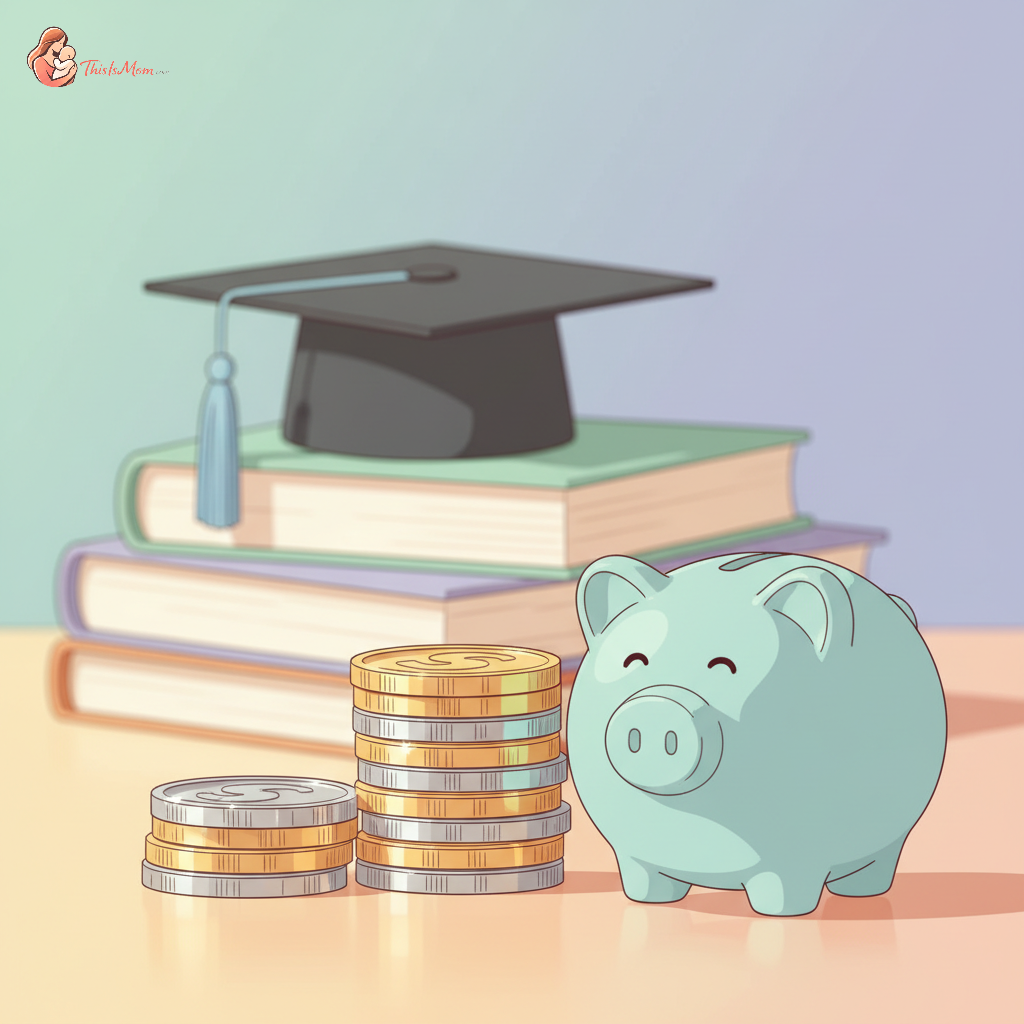 Close-up of coins stacked beside a small piggy bank and a miniature graduation cap, symbolizing consistent small savings growing into a significant education fund.