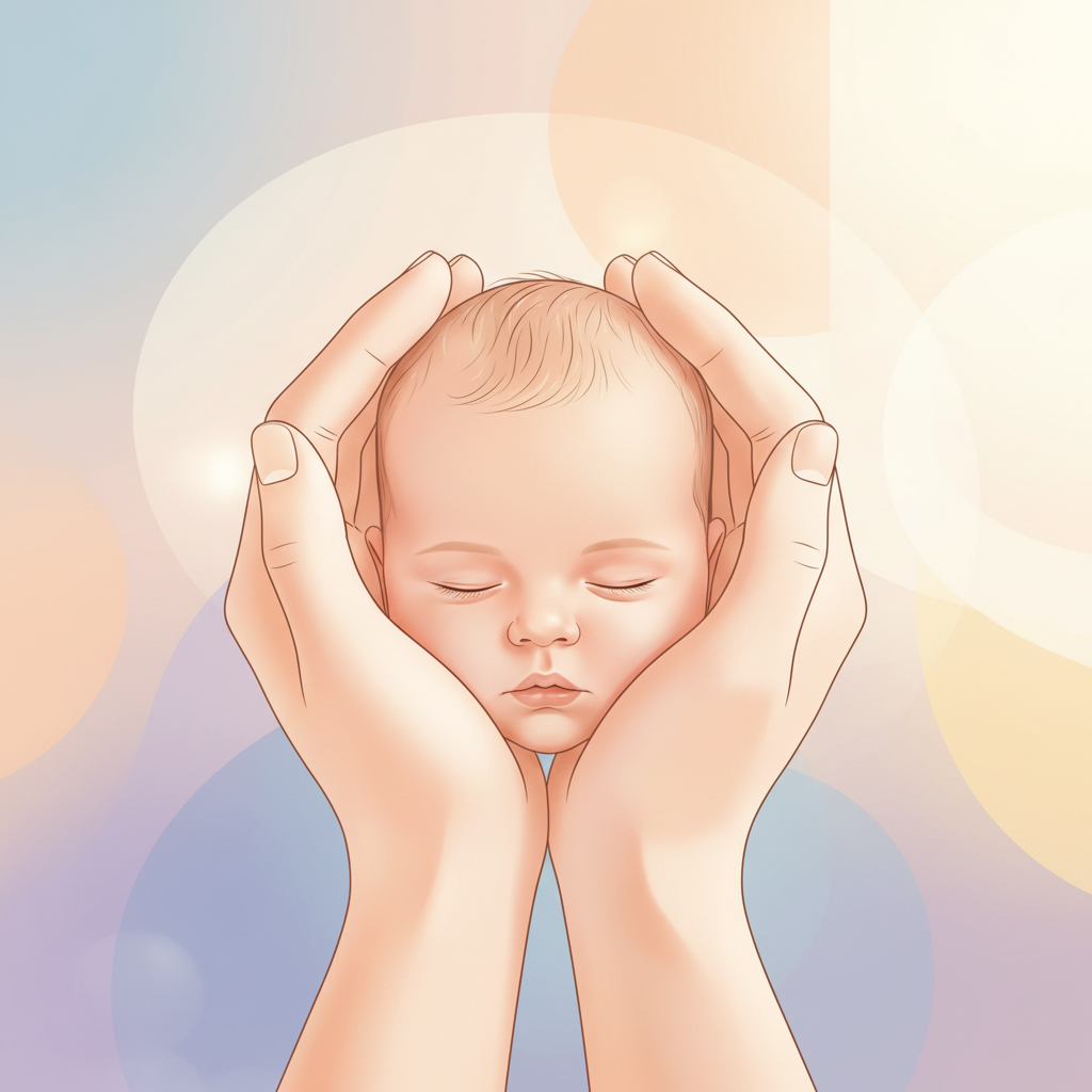 A parent gently rocking their baby to sleep in a dimly lit nursery.