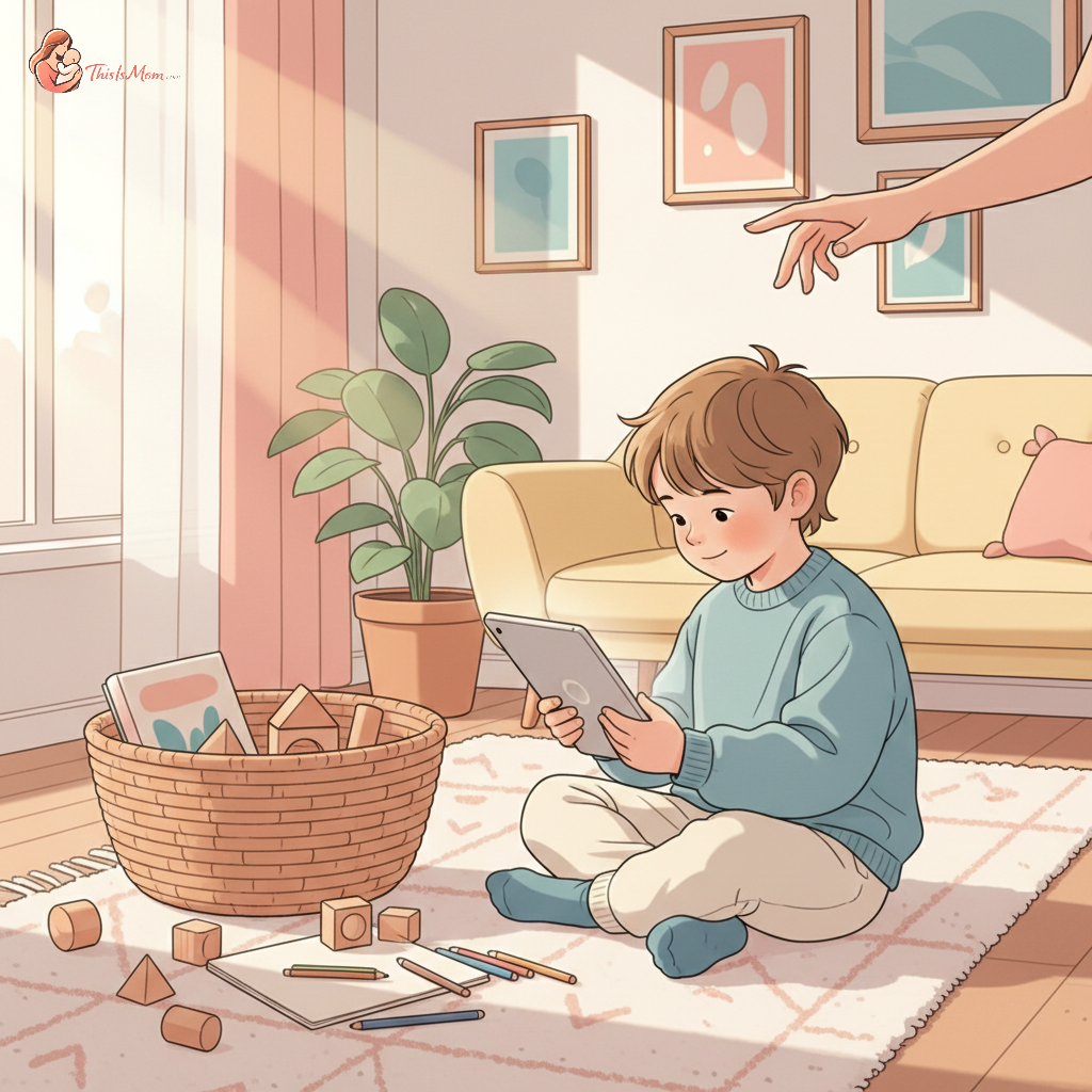 A parent softly guiding a child's hand away from a tablet and towards an activity basket filled with colorful toys and a book, with warm, inviting light.