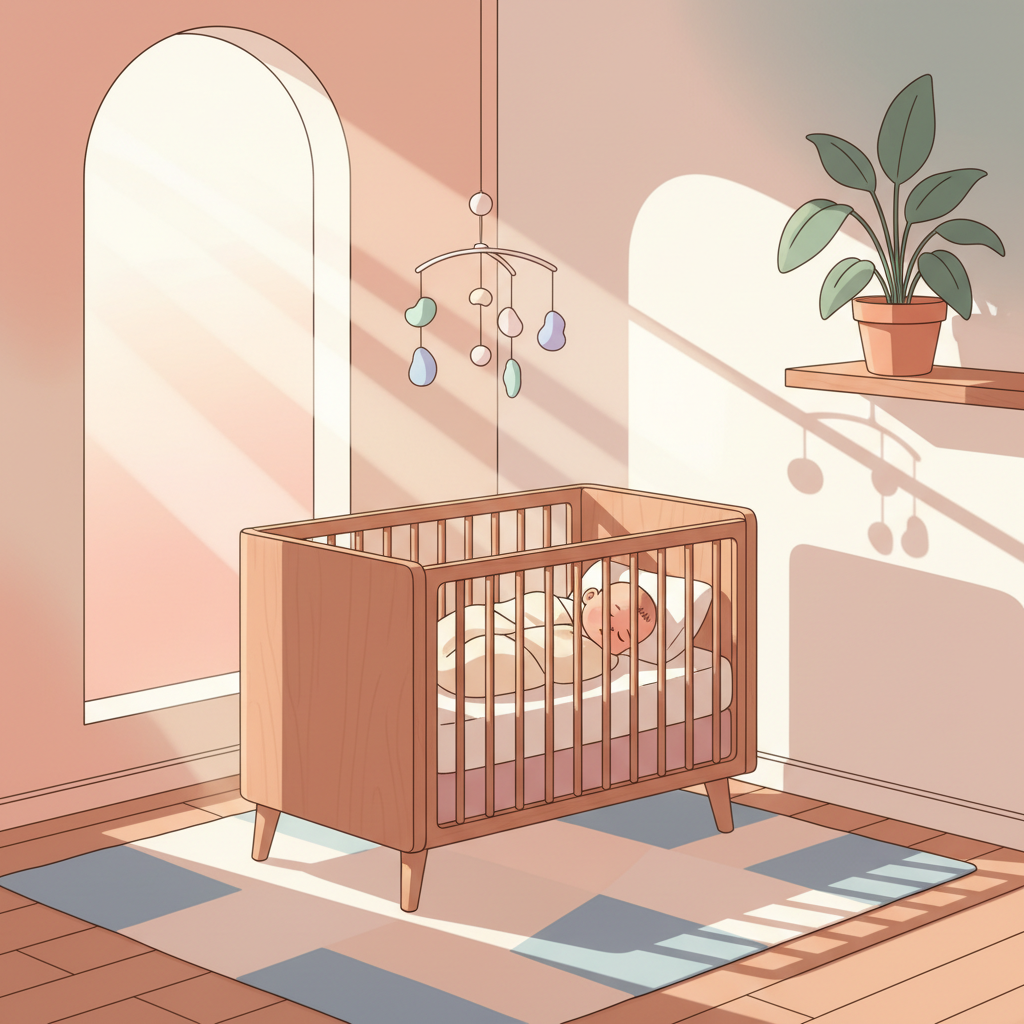 Baby sleeping soundly in a crib with a light-colored, breathable sleep sack.