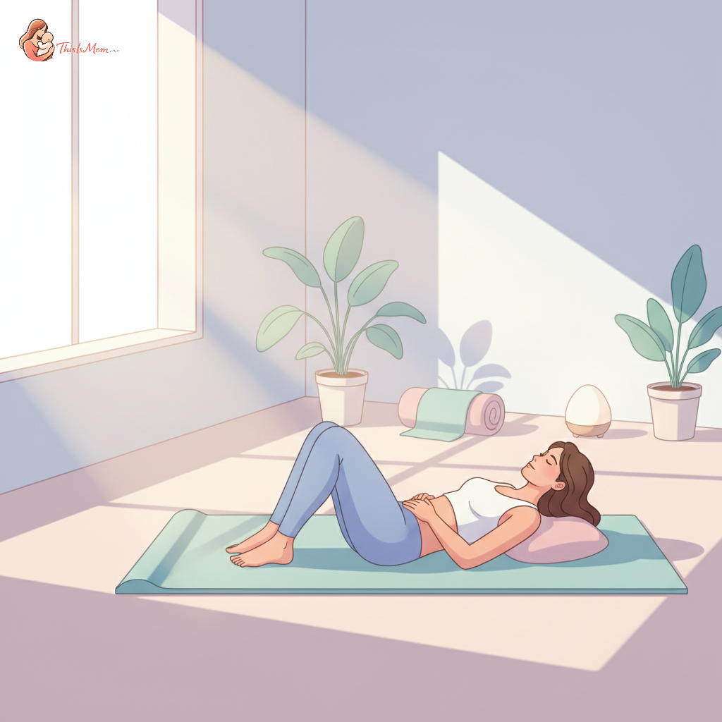 Woman lying on her back, gently performing a core-strengthening exercise with bent knees, hands on her belly, showing focused breathing for diastasis recti recovery after C-section.