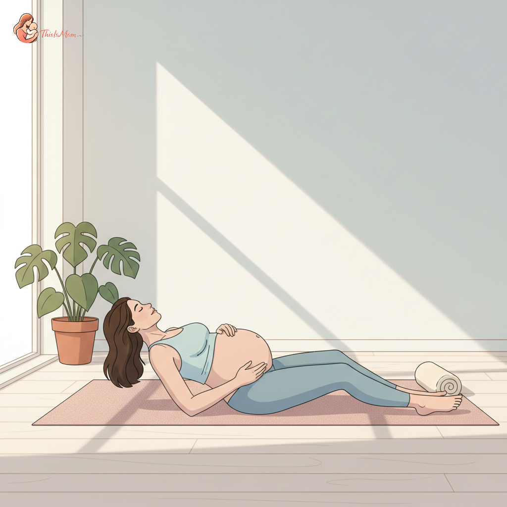 Pregnant woman in her third trimester performing a gentle pelvic tilt exercise on a yoga mat, with a serene expression and soft lighting.